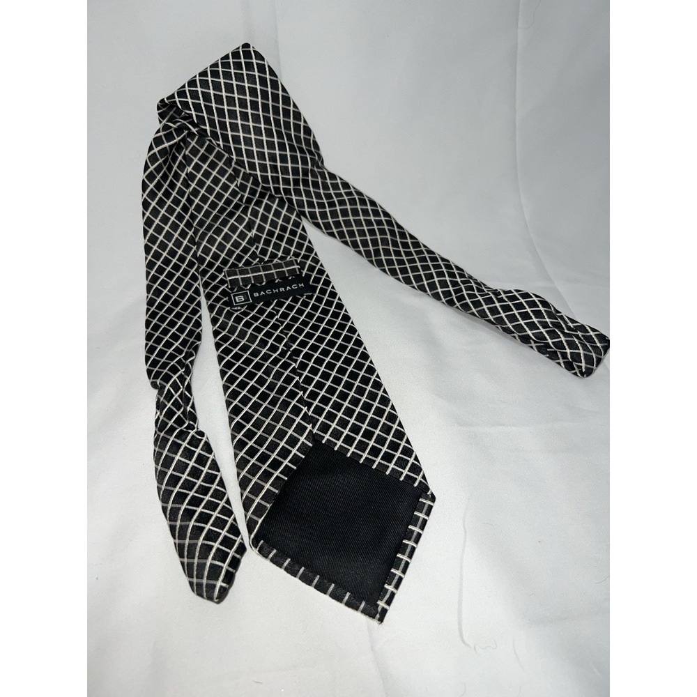 Bachrach Black Silver White Striped 100% Silk Men's Necktie